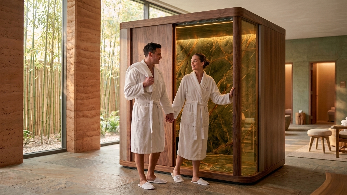 Two guests in robes stepping into a warm, wood-panelled SensoriPod in a luxury spa.